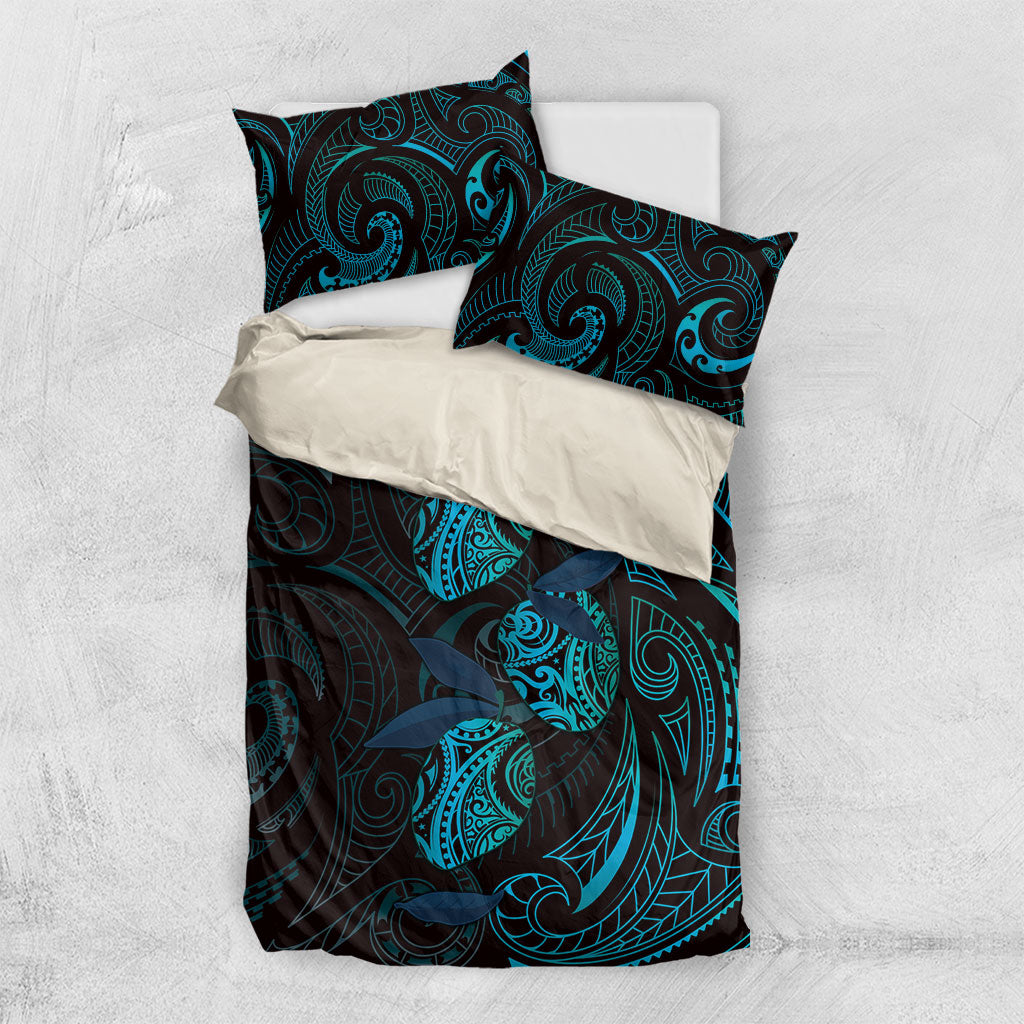 Hawaiian Mango Tribal Tattoo Bedding Set Teal Pacific Traditional Pattern