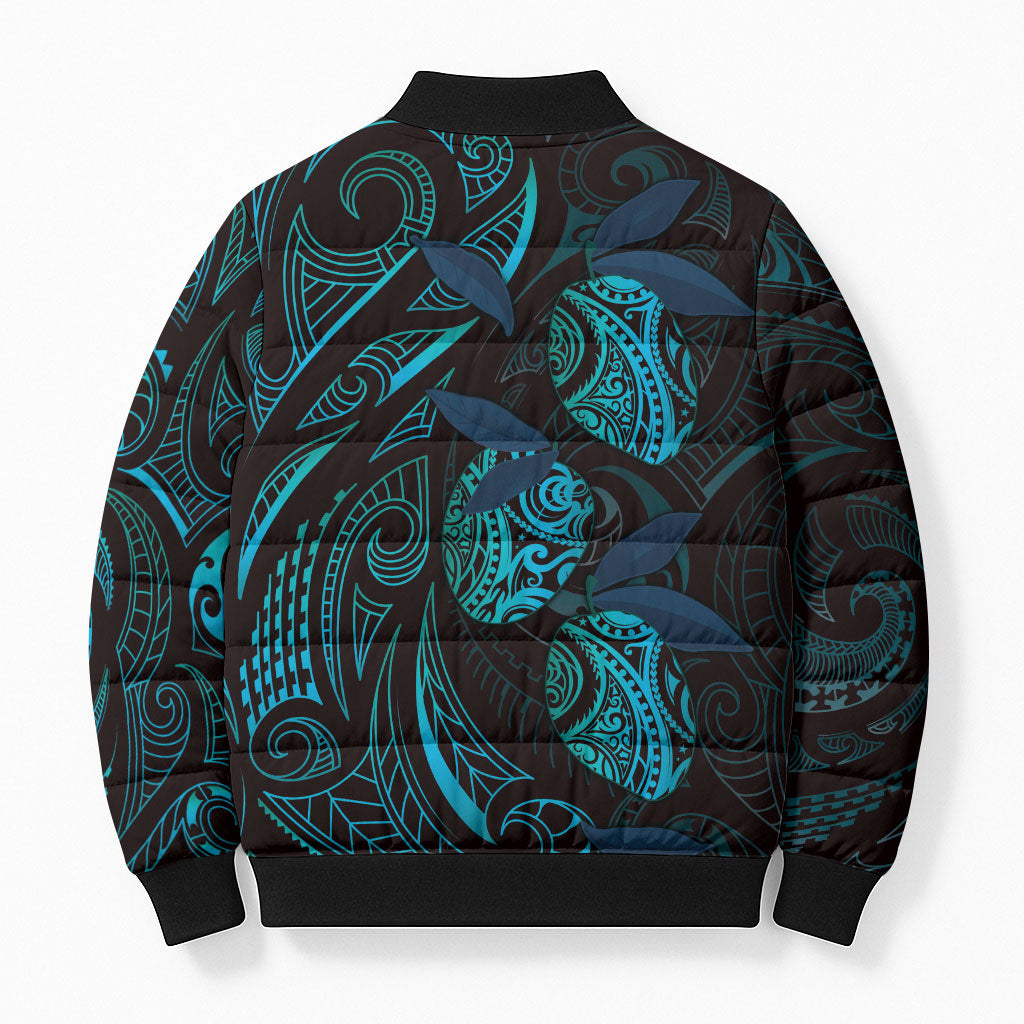 Hawaiian Mango Tribal Tattoo Bomber Puffer Jacket Teal Pacific Traditional Pattern