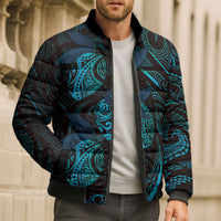 Hawaiian Mango Tribal Tattoo Bomber Puffer Jacket Teal Pacific Traditional Pattern