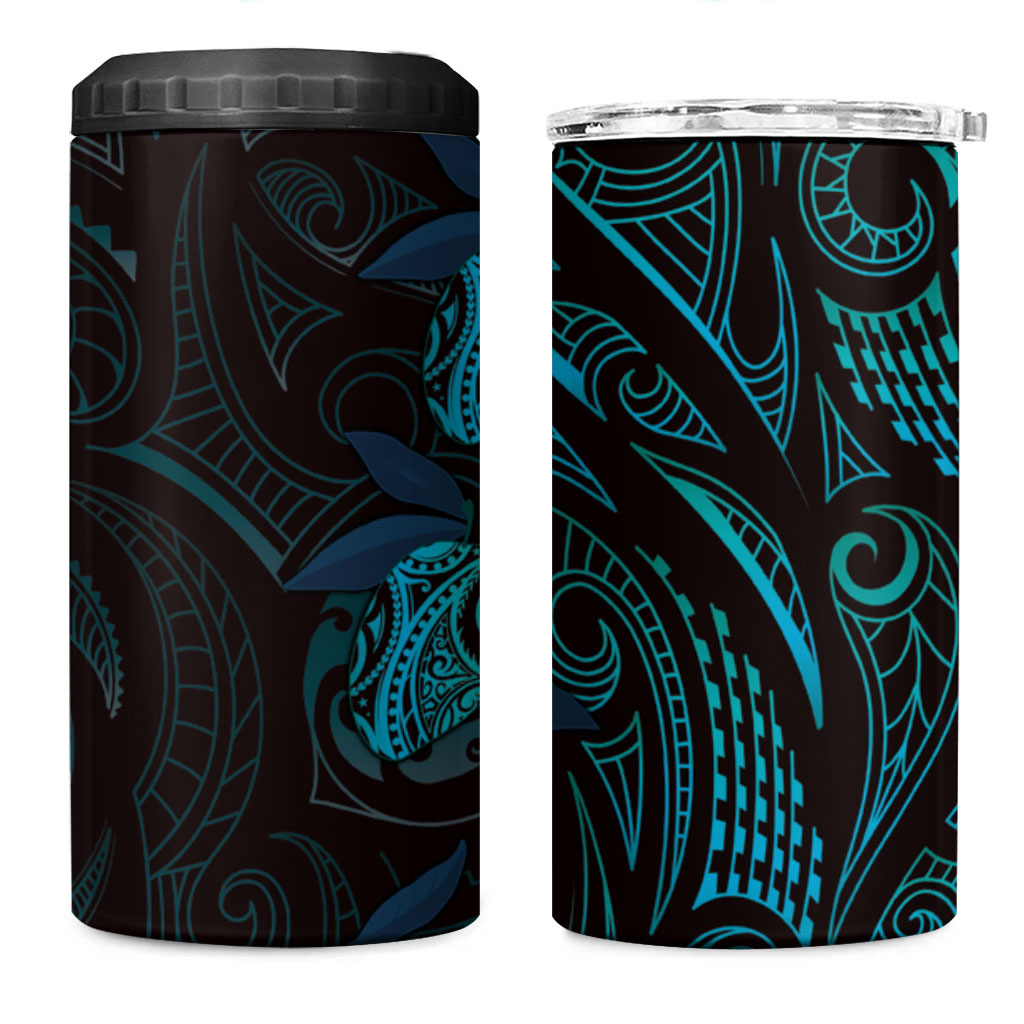 Hawaiian Mango Tribal Tattoo 4 in 1 Can Cooler Tumbler Teal Pacific Traditional Pattern