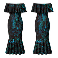 Hawaiian Mango Tribal Tattoo Couples Matching Mermaid Dress and Long Sleeve Button Shirt Teal Pacific Traditional Pattern