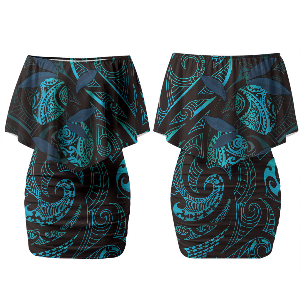 Hawaiian Mango Tribal Tattoo Couples Matching Off Shoulder Short Dress and Hawaiian Shirt Teal Pacific Traditional Pattern