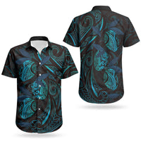 Hawaiian Mango Tribal Tattoo Couples Matching Puletasi and Hawaiian Shirt Teal Pacific Traditional Pattern