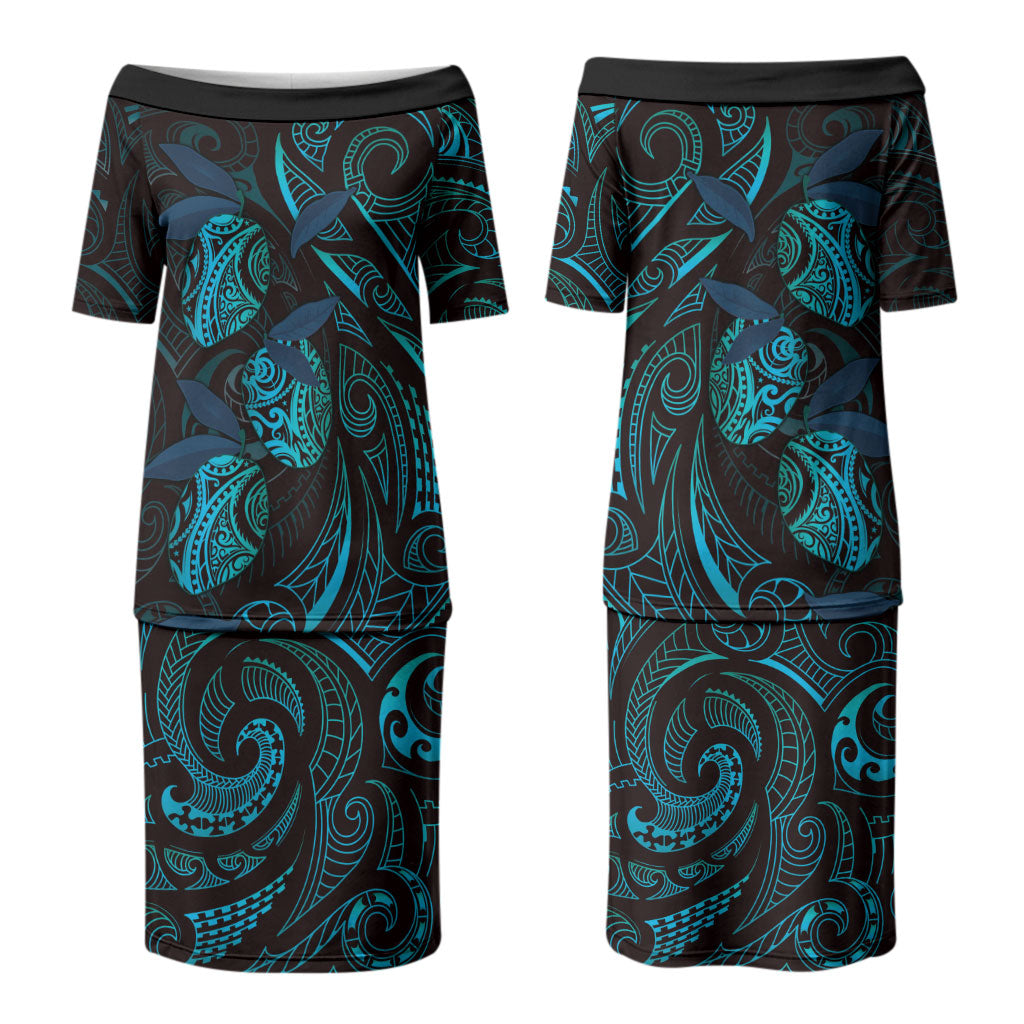 Hawaiian Mango Tribal Tattoo Couples Matching Puletasi and Hawaiian Shirt Teal Pacific Traditional Pattern