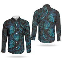 Hawaiian Mango Tribal Tattoo Couples Matching Puletasi and Long Sleeve Button Shirt Teal Pacific Traditional Pattern