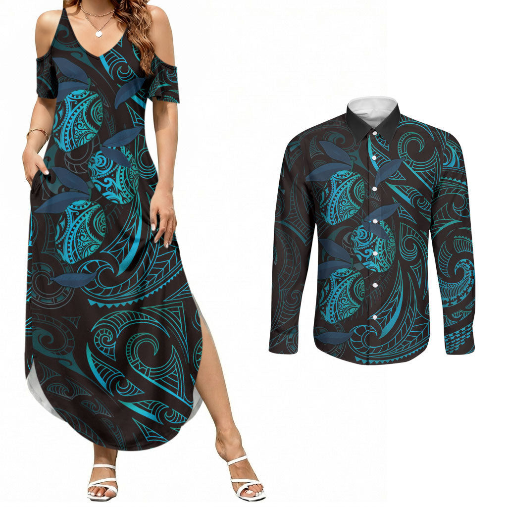Hawaiian Mango Tribal Tattoo Couples Matching Summer Maxi Dress and Long Sleeve Button Shirt Teal Pacific Traditional Pattern