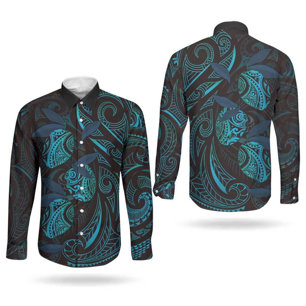 Hawaiian Mango Tribal Tattoo Couples Matching Tank Maxi Dress and Long Sleeve Button Shirt Teal Pacific Traditional Pattern