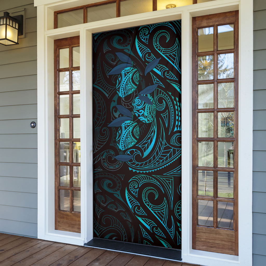 Hawaiian Mango Tribal Tattoo Door Cover Teal Pacific Traditional Pattern