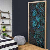 Hawaiian Mango Tribal Tattoo Door Cover Teal Pacific Traditional Pattern