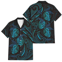 Hawaiian Mango Tribal Tattoo Family Matching Long Sleeve Bodycon Dress and Hawaiian Shirt Teal Pacific Traditional Pattern