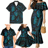 Hawaiian Mango Tribal Tattoo Family Matching Mermaid Dress and Hawaiian Shirt Teal Pacific Traditional Pattern