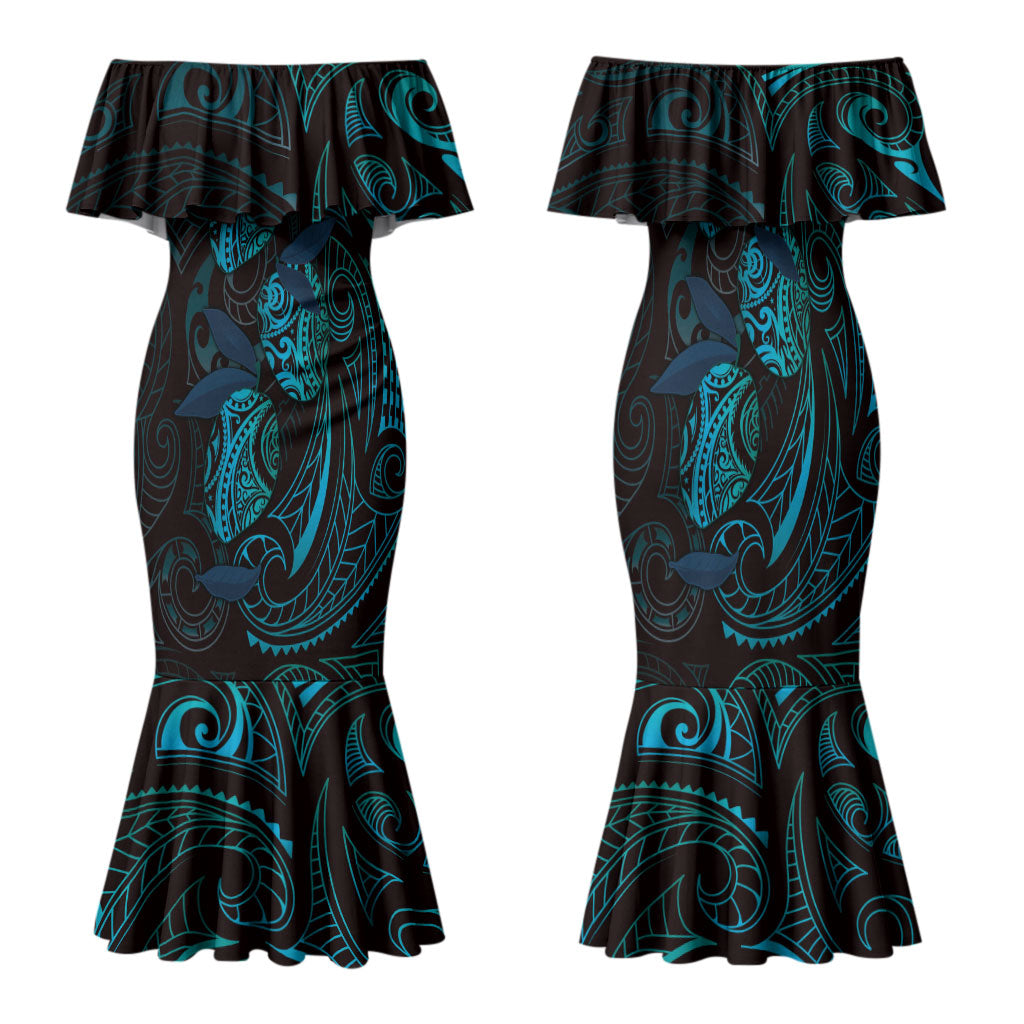 Hawaiian Mango Tribal Tattoo Family Matching Mermaid Dress and Hawaiian Shirt Teal Pacific Traditional Pattern