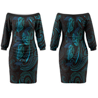 Hawaiian Mango Tribal Tattoo Family Matching Off The Shoulder Long Sleeve Dress and Hawaiian Shirt Teal Pacific Traditional Pattern