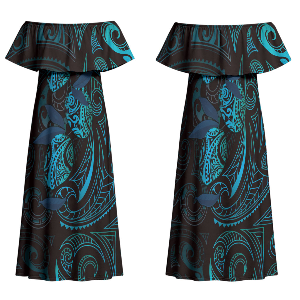 Hawaiian Mango Tribal Tattoo Family Matching Off Shoulder Maxi Dress and Hawaiian Shirt Teal Pacific Traditional Pattern