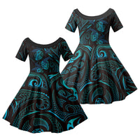 Hawaiian Mango Tribal Tattoo Family Matching Short Sleeve Bodycon Dress and Hawaiian Shirt Teal Pacific Traditional Pattern