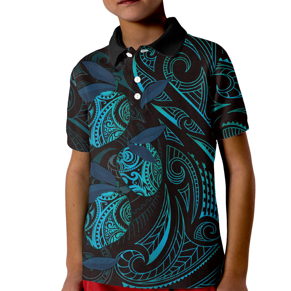 Hawaiian Mango Tribal Tattoo Kid Polo Shirt Teal Pacific Traditional Pattern
