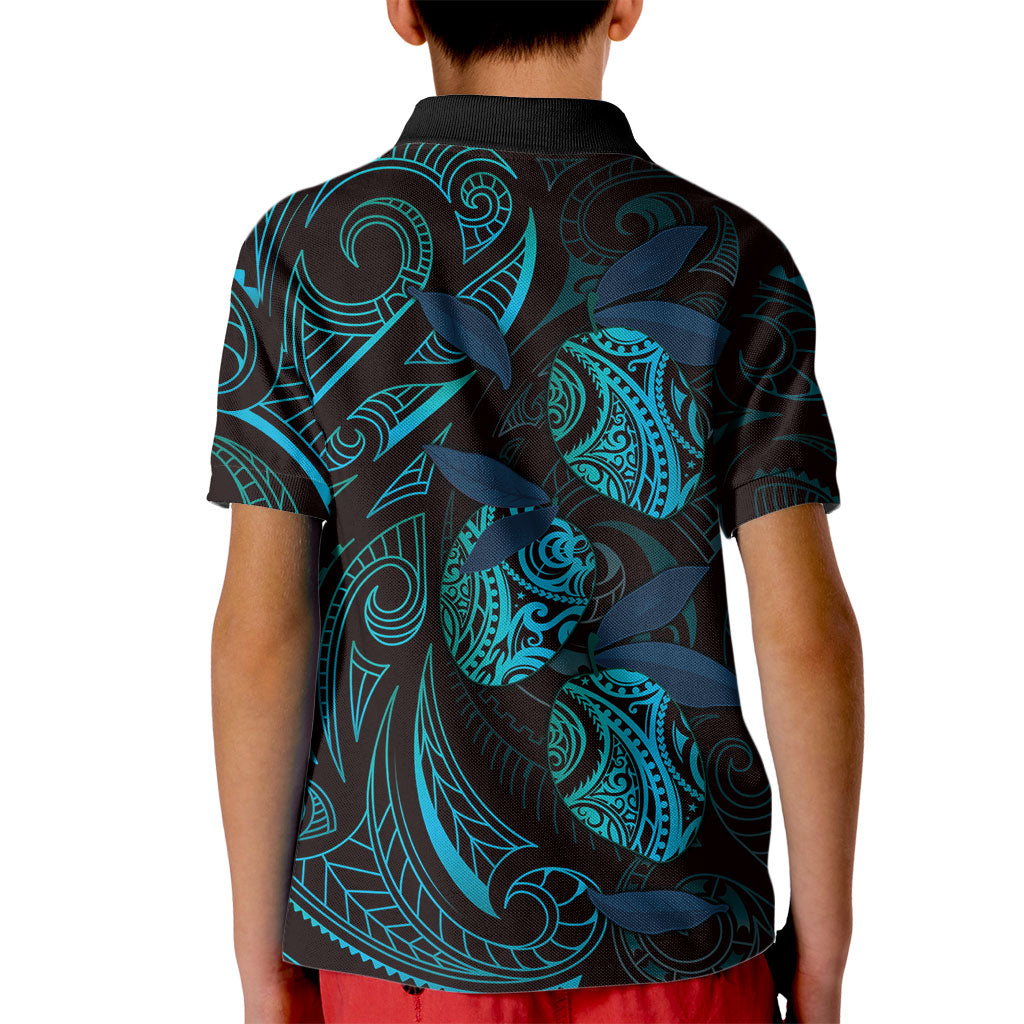 Hawaiian Mango Tribal Tattoo Kid Polo Shirt Teal Pacific Traditional Pattern