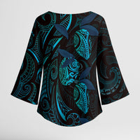 Hawaiian Mango Tribal Tattoo Kimono Sleeve Blouse Teal Pacific Traditional Pattern
