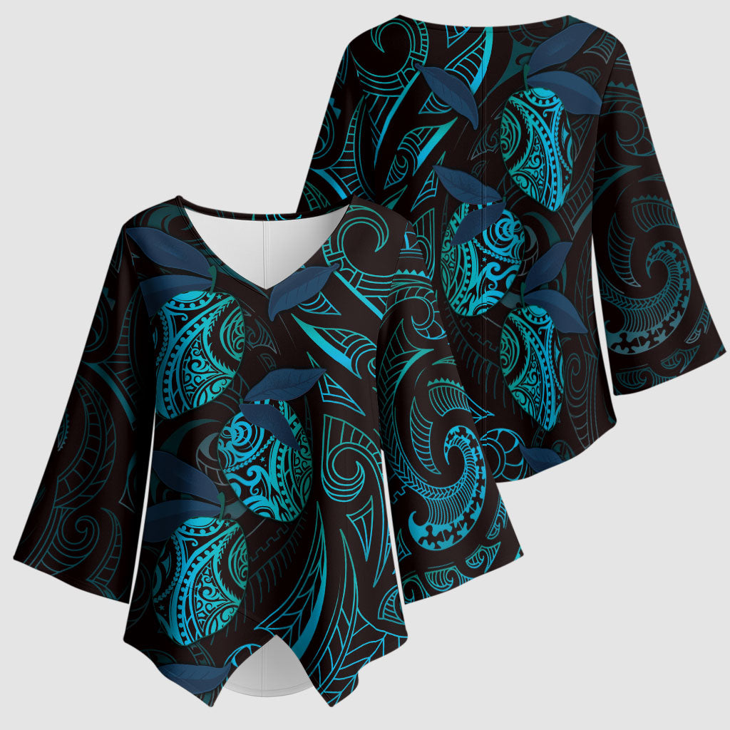 Hawaiian Mango Tribal Tattoo Kimono Sleeve Blouse Teal Pacific Traditional Pattern