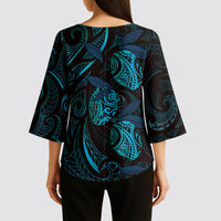Hawaiian Mango Tribal Tattoo Kimono Sleeve Blouse Teal Pacific Traditional Pattern