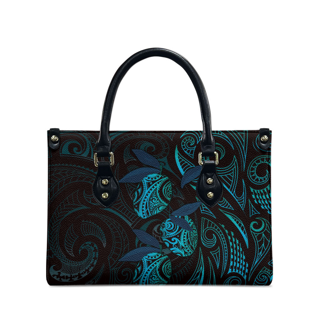 Hawaiian Mango Tribal Tattoo Leather Bag Teal Pacific Traditional Pattern