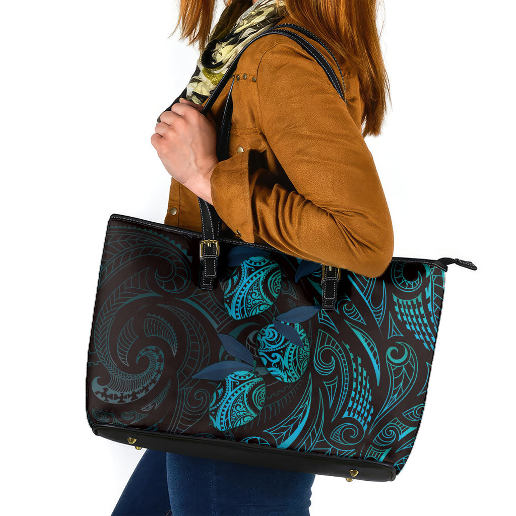 Hawaiian Mango Tribal Tattoo Leather Tote Bag Teal Pacific Traditional Pattern