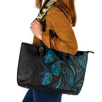 Hawaiian Mango Tribal Tattoo Leather Tote Bag Teal Pacific Traditional Pattern
