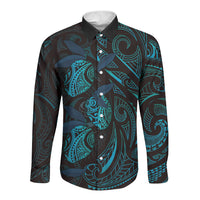 Hawaiian Mango Tribal Tattoo Long Sleeve Button Shirt Teal Pacific Traditional Pattern