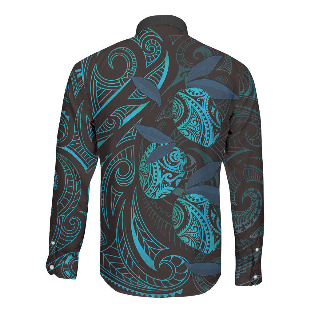 Hawaiian Mango Tribal Tattoo Long Sleeve Button Shirt Teal Pacific Traditional Pattern