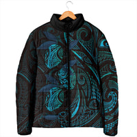 Hawaiian Mango Tribal Tattoo Padded Jacket Teal Pacific Traditional Pattern