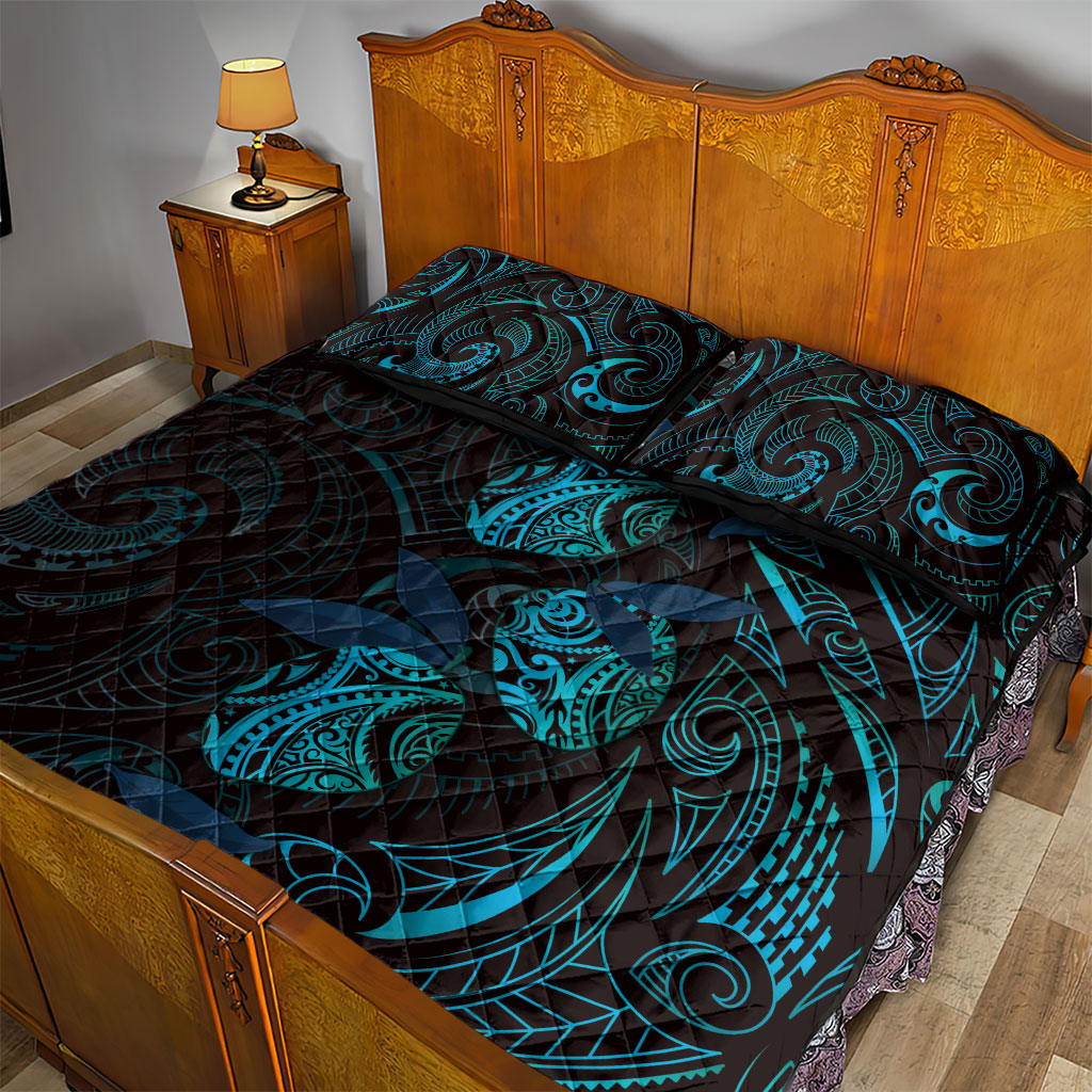 Hawaiian Mango Tribal Tattoo Quilt Bed Set Teal Pacific Traditional Pattern