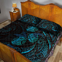 Hawaiian Mango Tribal Tattoo Quilt Bed Set Teal Pacific Traditional Pattern
