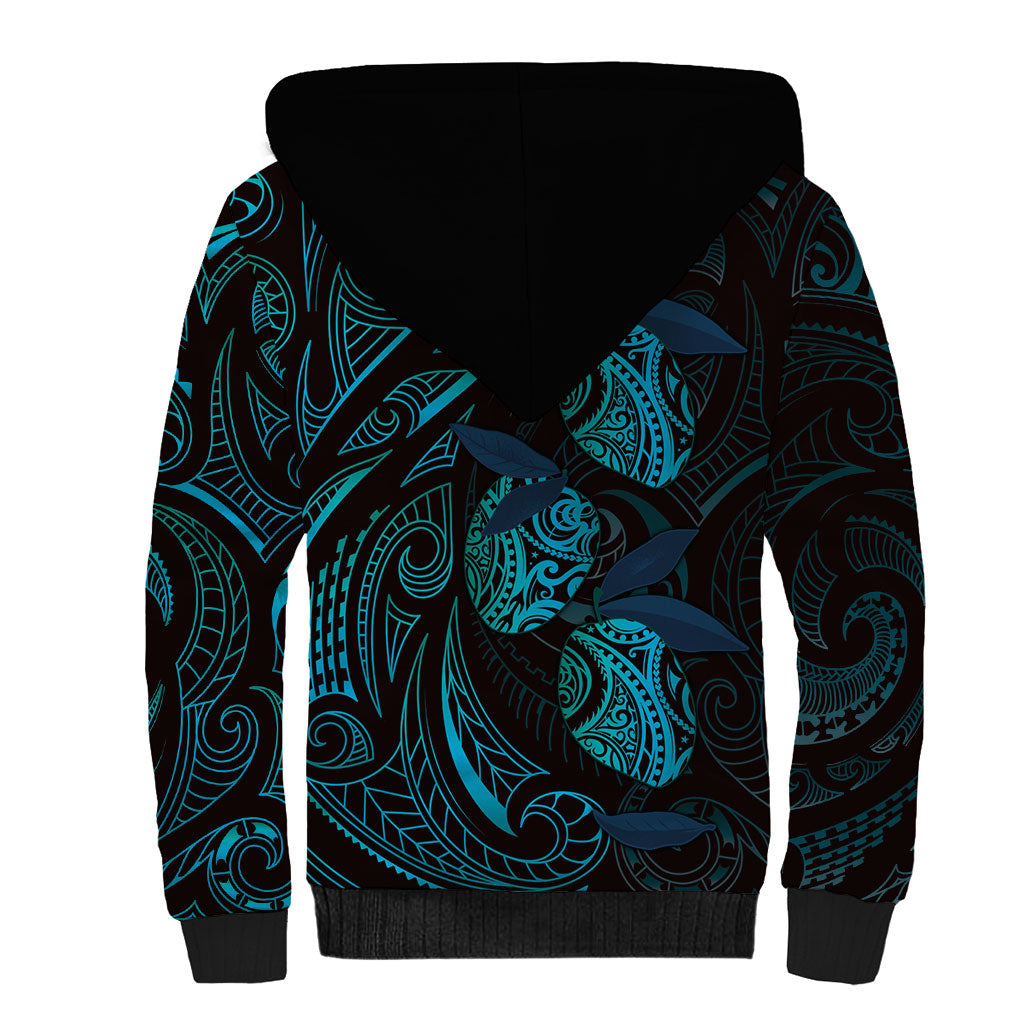 Hawaiian Mango Tribal Tattoo Sherpa Hoodie Teal Pacific Traditional Pattern