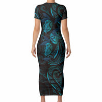 Hawaiian Mango Tribal Tattoo Short Sleeve Bodycon Dress Teal Pacific Traditional Pattern