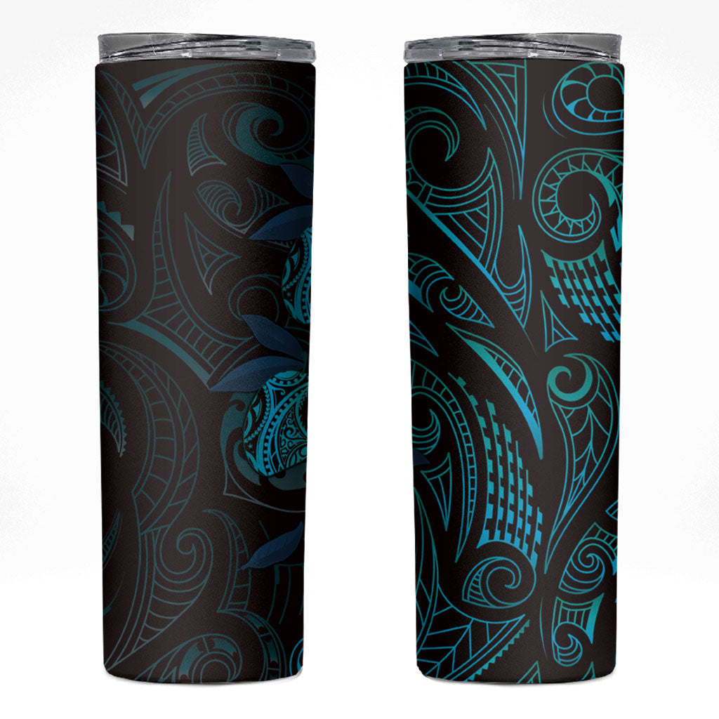 Hawaiian Mango Tribal Tattoo Skinny Tumbler Teal Pacific Traditional Pattern