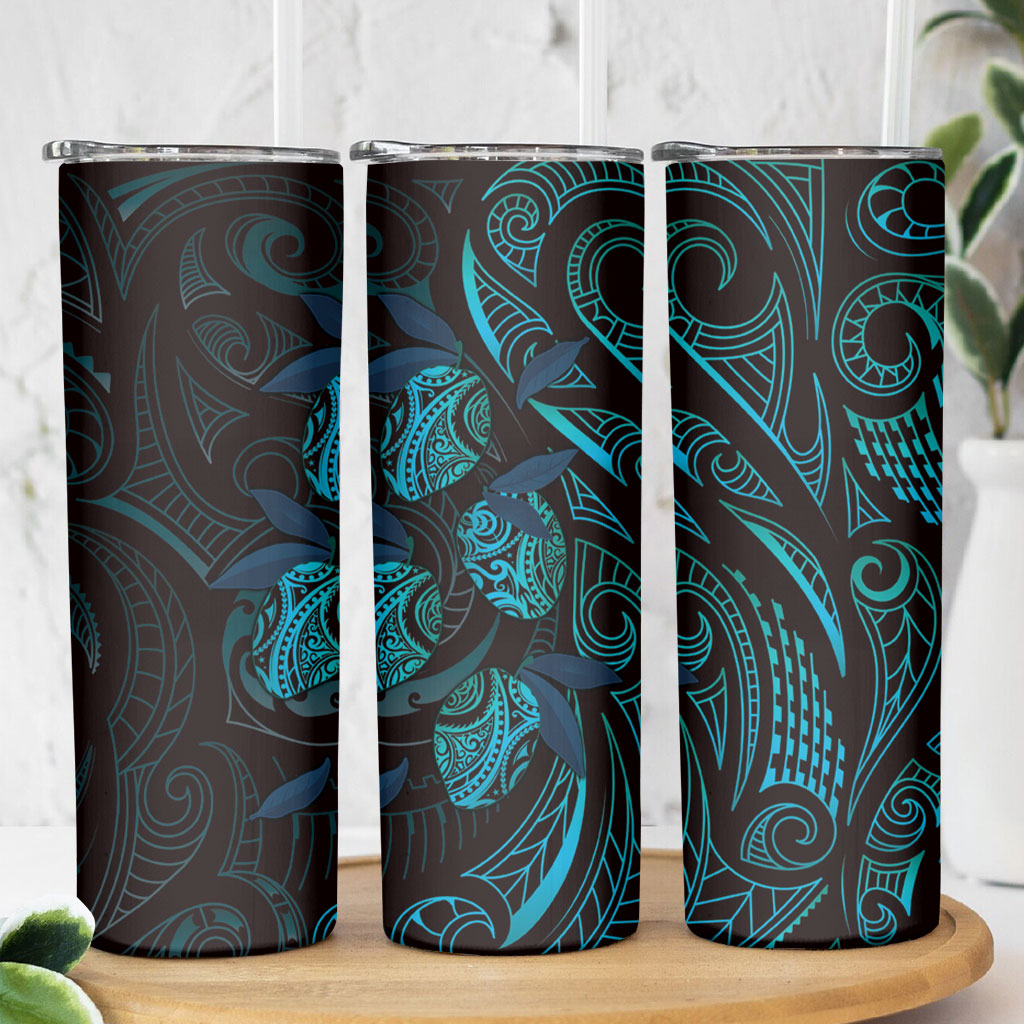 Hawaiian Mango Tribal Tattoo Skinny Tumbler Teal Pacific Traditional Pattern