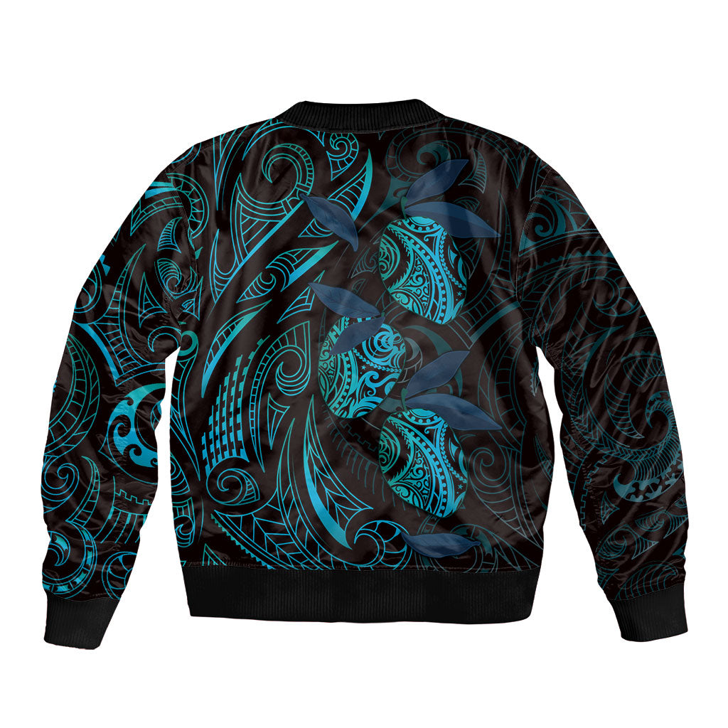 Hawaiian Mango Tribal Tattoo Sleeve Zip Bomber Jacket Teal Pacific Traditional Pattern