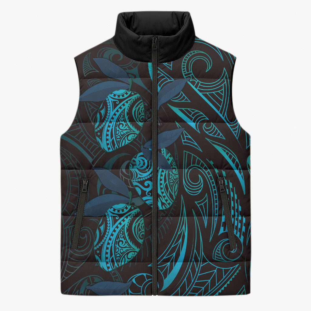 Hawaiian Mango Tribal Tattoo Sleeveless Puffer Jacket Teal Pacific Traditional Pattern
