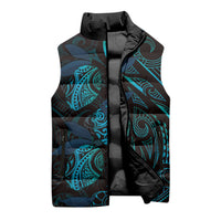 Hawaiian Mango Tribal Tattoo Sleeveless Puffer Jacket Teal Pacific Traditional Pattern