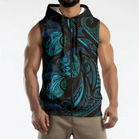Hawaiian Mango Tribal Tattoo Sleeveless Zip Hoodie Teal Pacific Traditional Pattern
