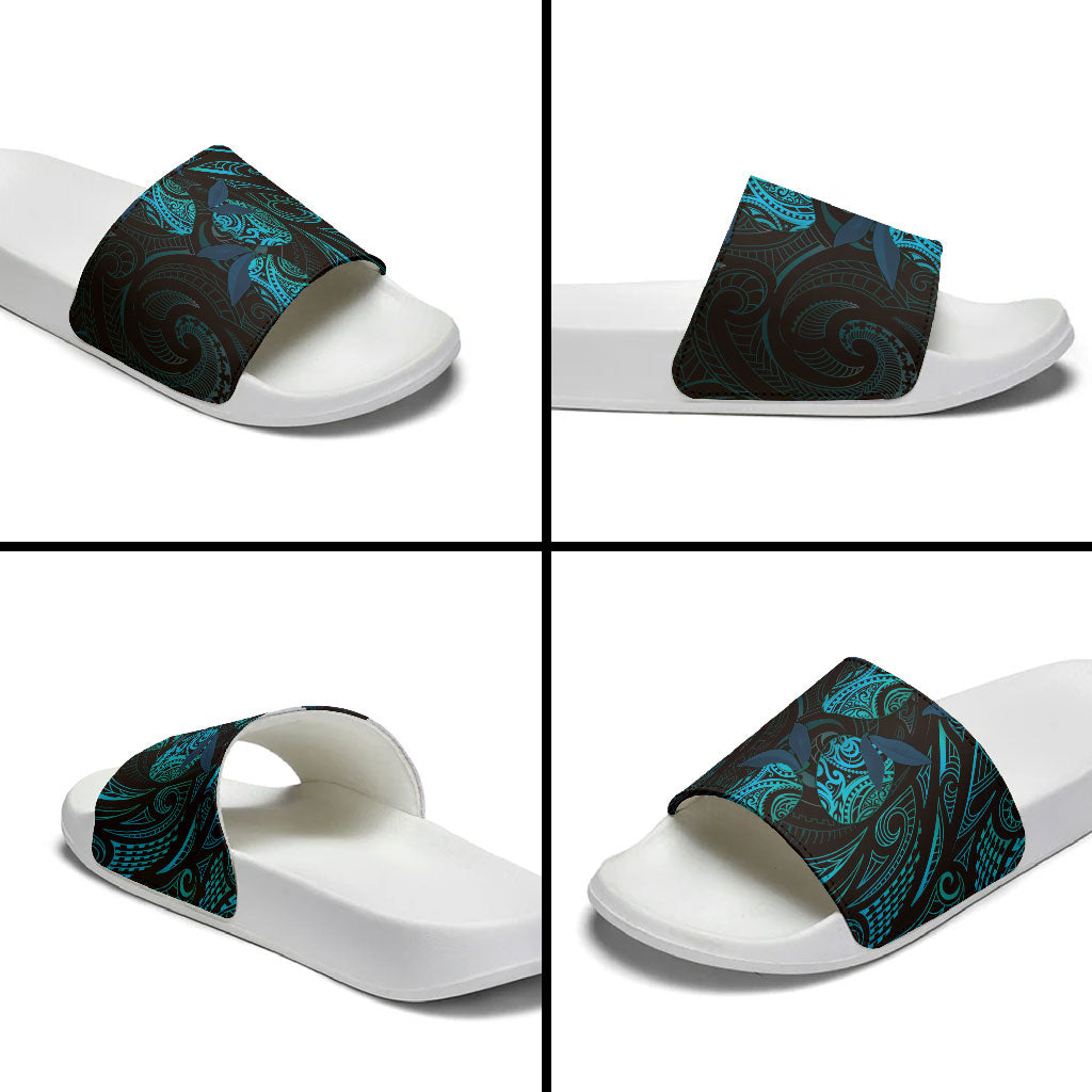 Hawaiian Mango Tribal Tattoo Slide Sandals Teal Pacific Traditional Pattern