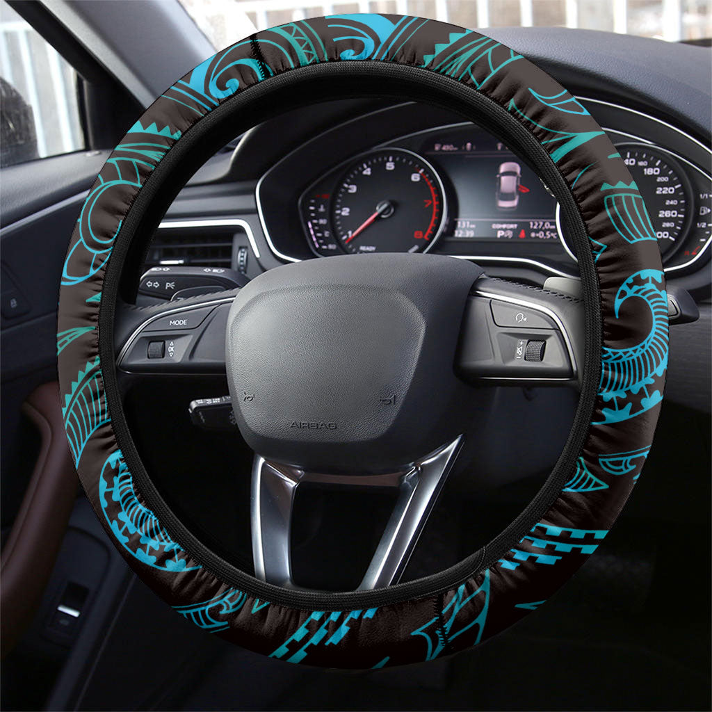 Hawaiian Mango Tribal Tattoo Steering Wheel Cover Teal Pacific Traditional Pattern