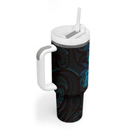 Hawaiian Mango Tribal Tattoo Tumbler With Handle Teal Pacific Traditional Pattern