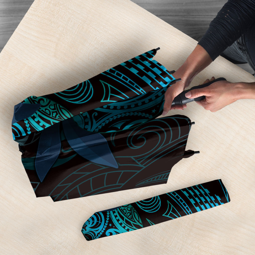 Hawaiian Mango Tribal Tattoo Umbrella Teal Pacific Traditional Pattern