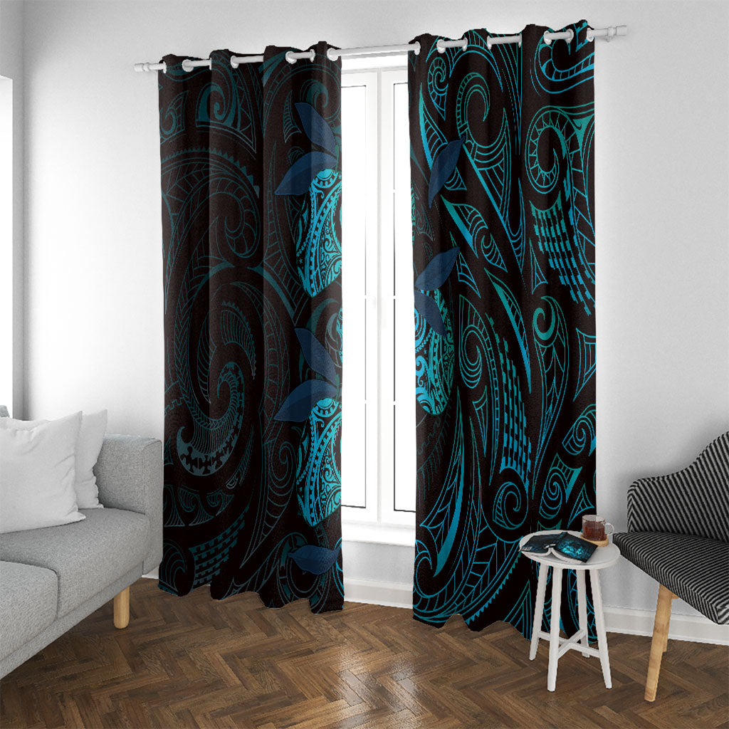 Hawaiian Mango Tribal Tattoo Window Curtain Teal Pacific Traditional Pattern