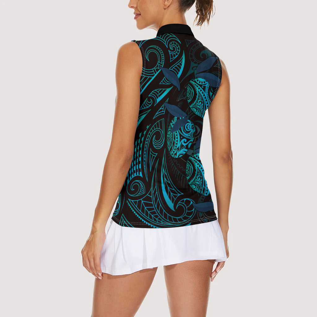 Hawaiian Mango Tribal Tattoo Women Sleeveless Polo Shirt Teal Pacific Traditional Pattern
