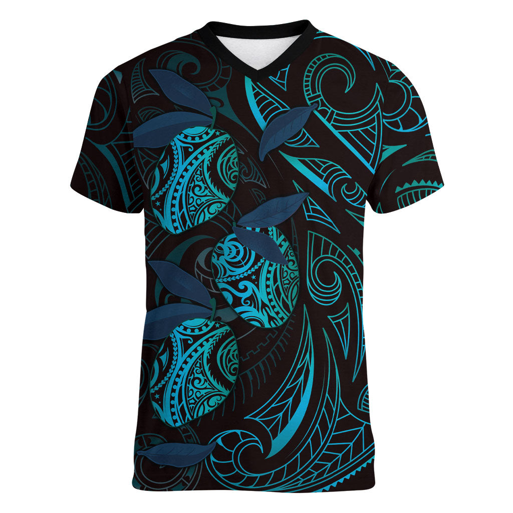 Hawaiian Mango Tribal Tattoo Women V-Neck T-Shirt Teal Pacific Traditional Pattern