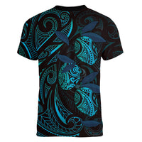Hawaiian Mango Tribal Tattoo Women V-Neck T-Shirt Teal Pacific Traditional Pattern