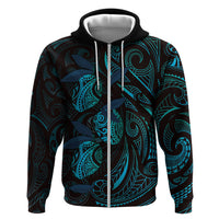 Hawaiian Mango Tribal Tattoo Zip Hoodie Teal Pacific Traditional Pattern