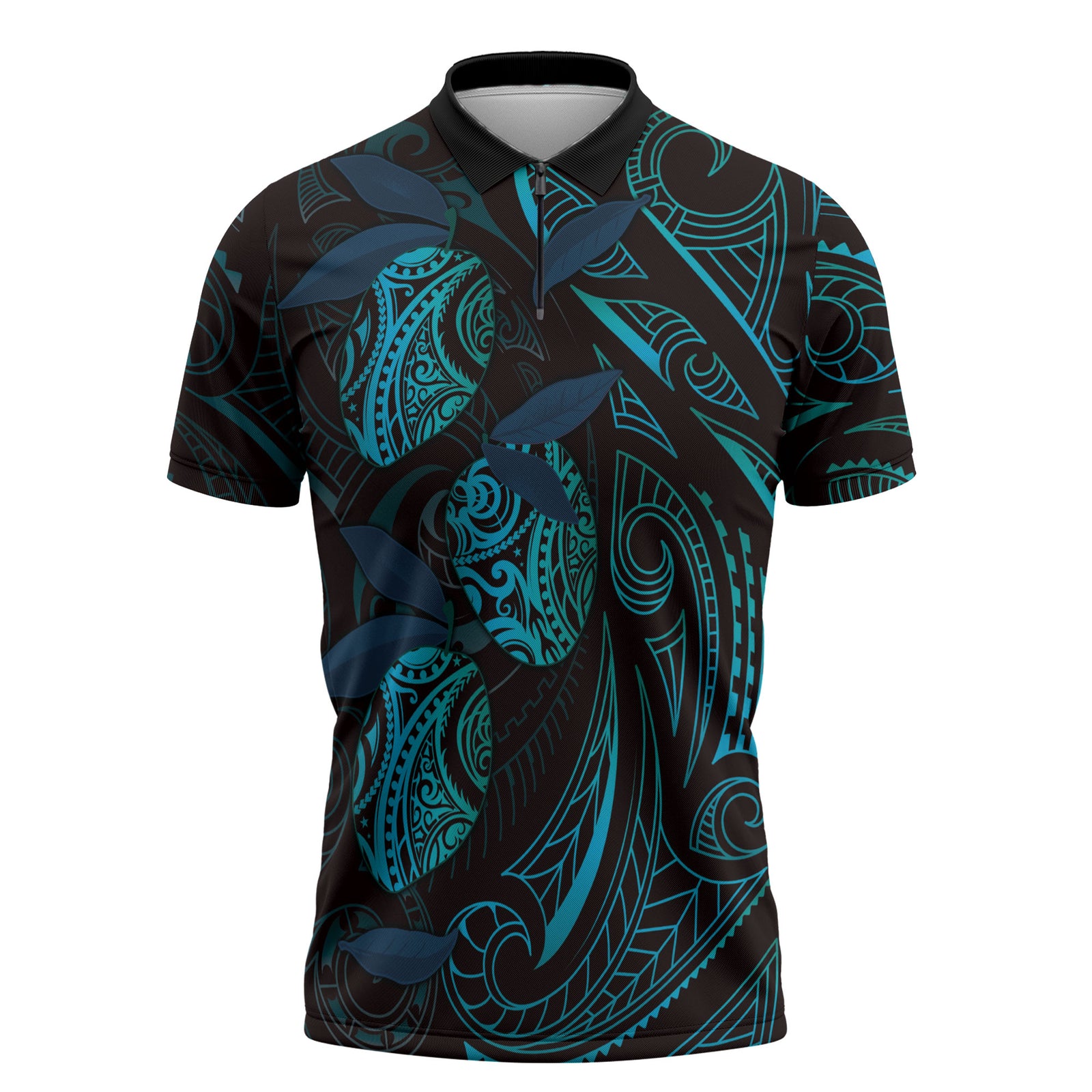 Hawaiian Mango Tribal Tattoo Zipper Polo Shirt Teal Pacific Traditional Pattern